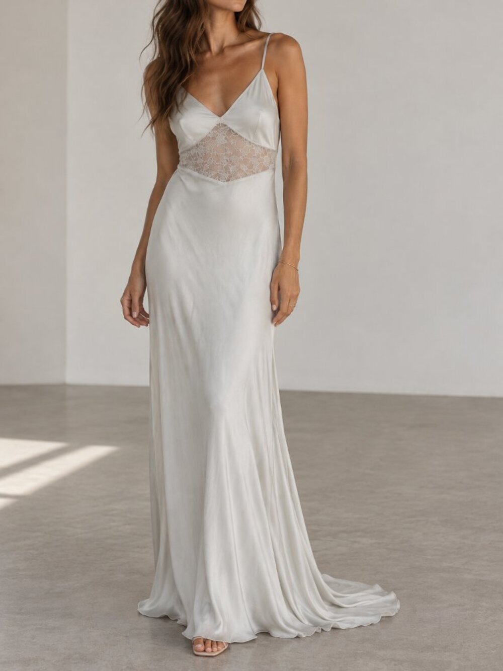 Emory Park White Satin Maxi Dress Gowl with Lace Cut-out Detail Bridal V-Neck